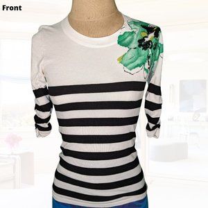 Striped White & Black INC Short Sleeve Shirt with Floral Detail